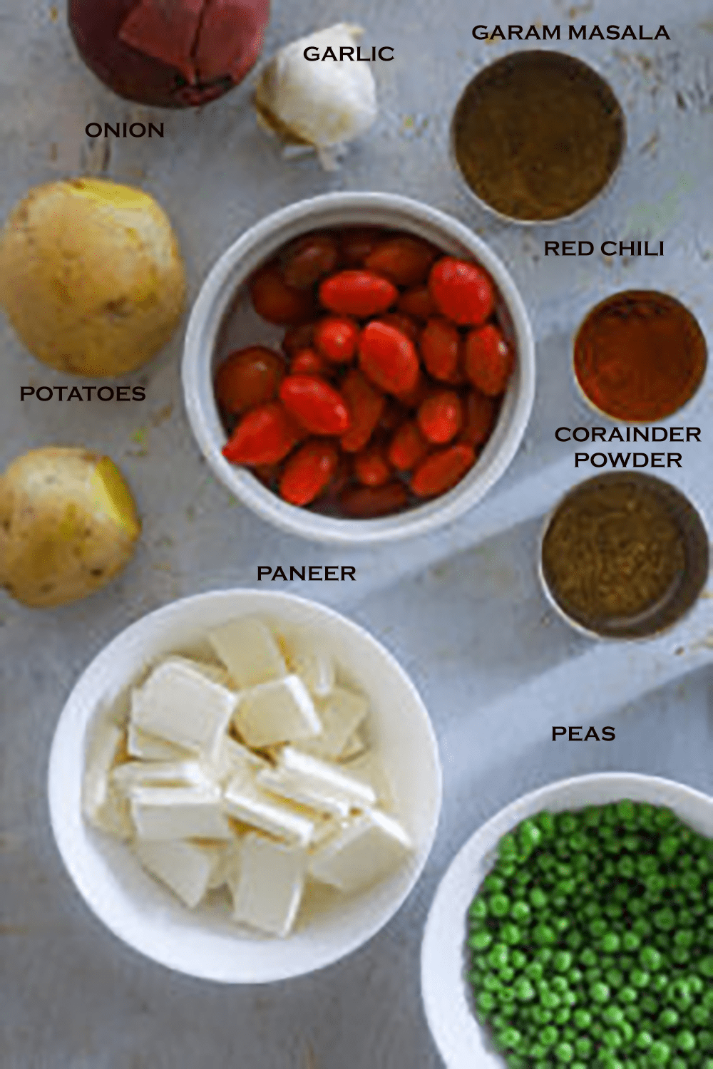 Aloo Matar Paneer list of ingredients.