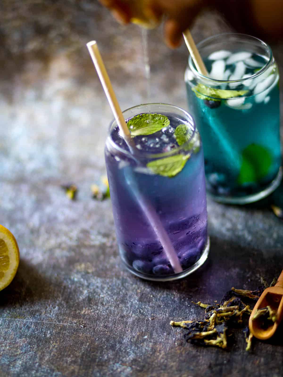 Once blue tea and one purple tea.