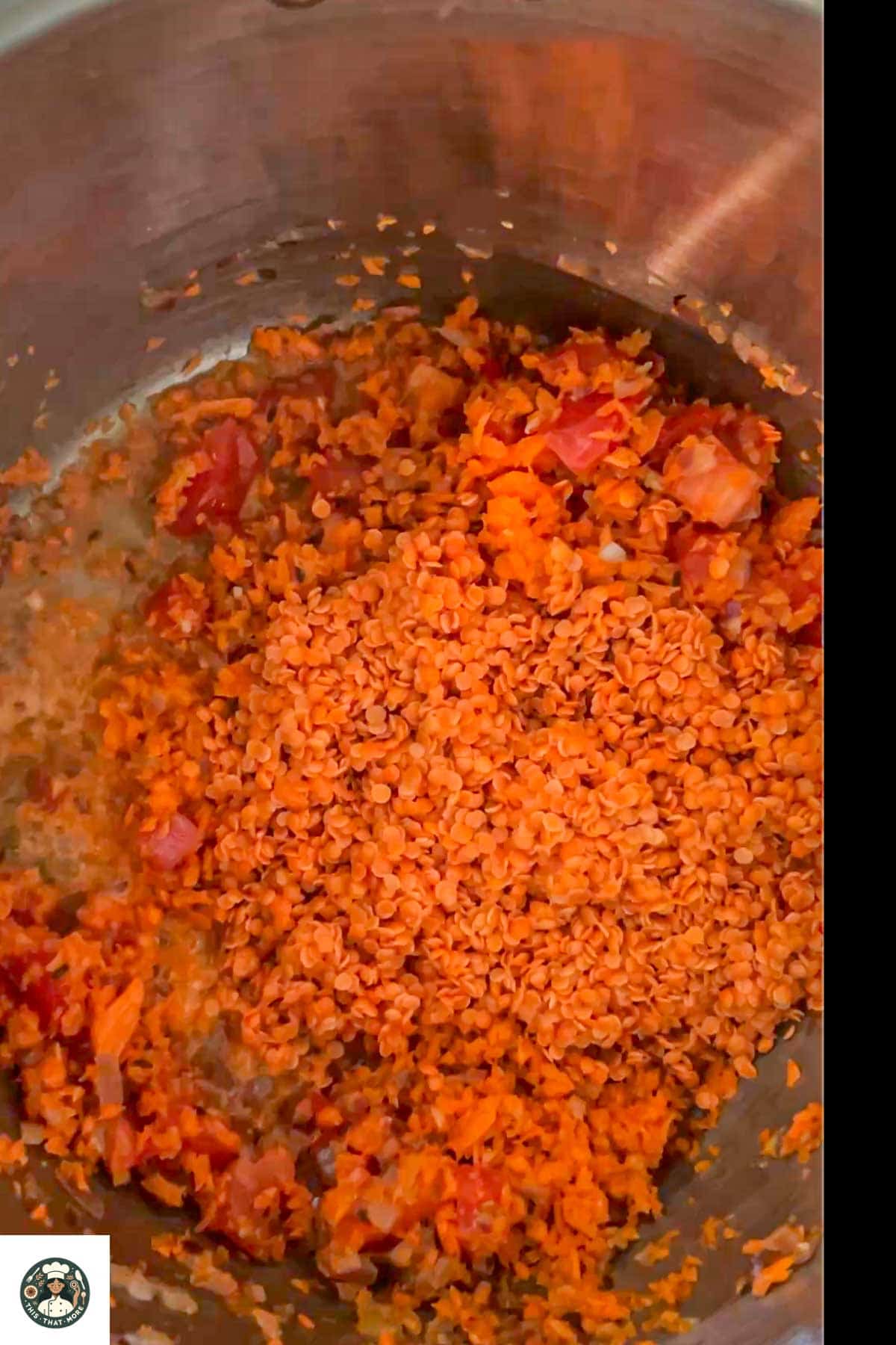 Image of red lentils added in the instant pot.