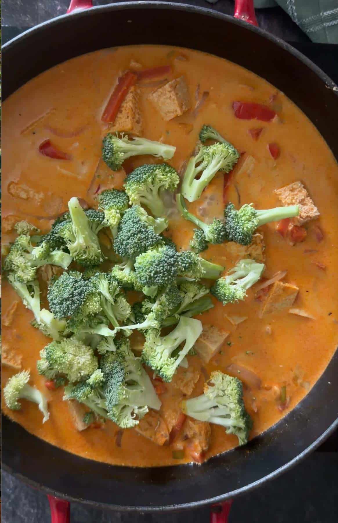 Once the curry is almost done, then add sturdy vegetables like broccoli, snap peas, etc.