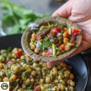 Delhi-style matar chaat with white peas, chutneys and vegetables.