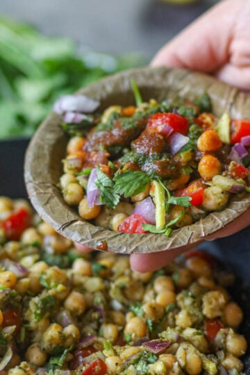Delhi-style matar chaat with white peas, chutneys and vegetables.