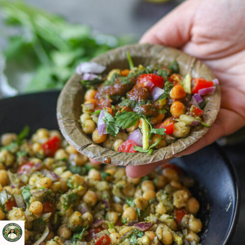 Delhi-style matar chaat with white peas, chutneys and vegetables.