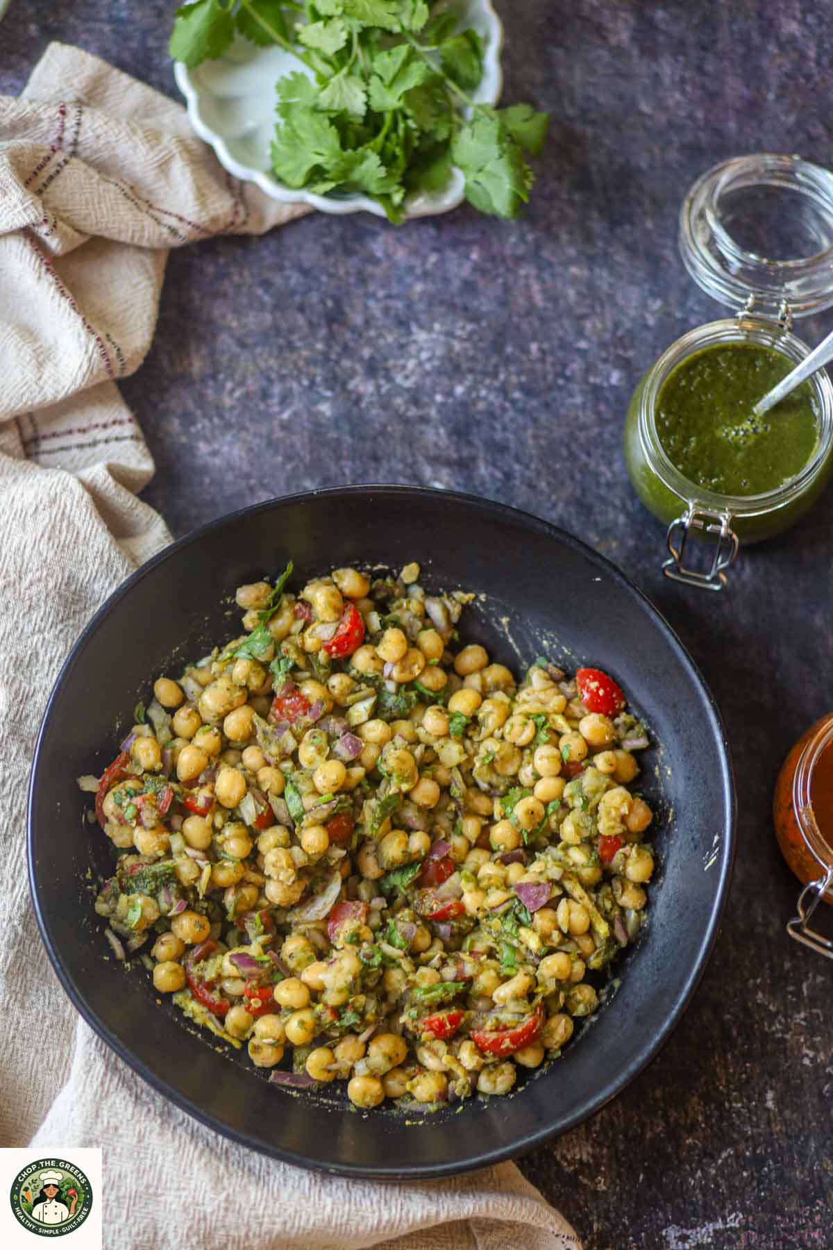 Overhead view of Delhi-style matar chaat.