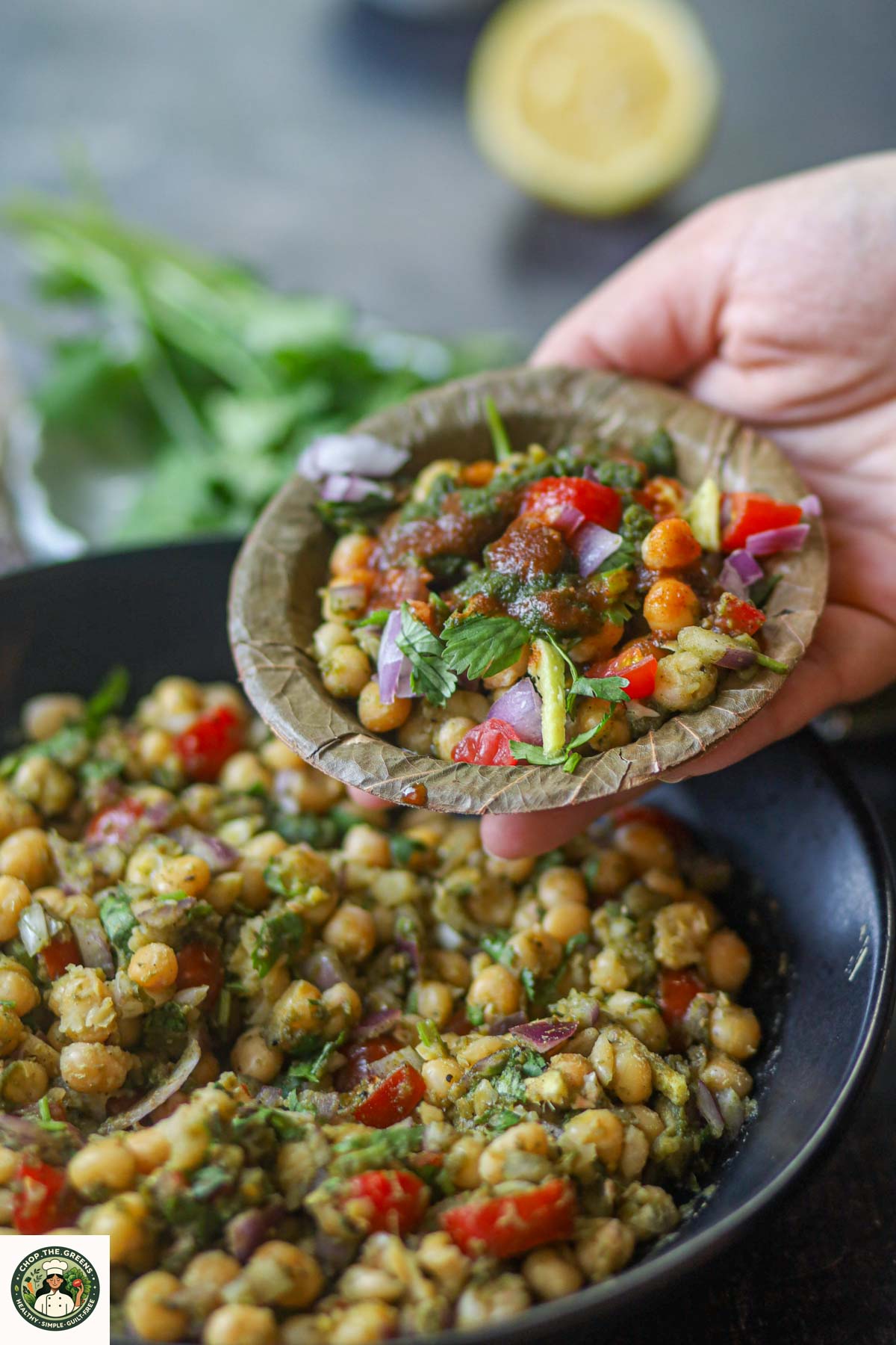 Matar chaat served with chutneys and fresh cilantro.