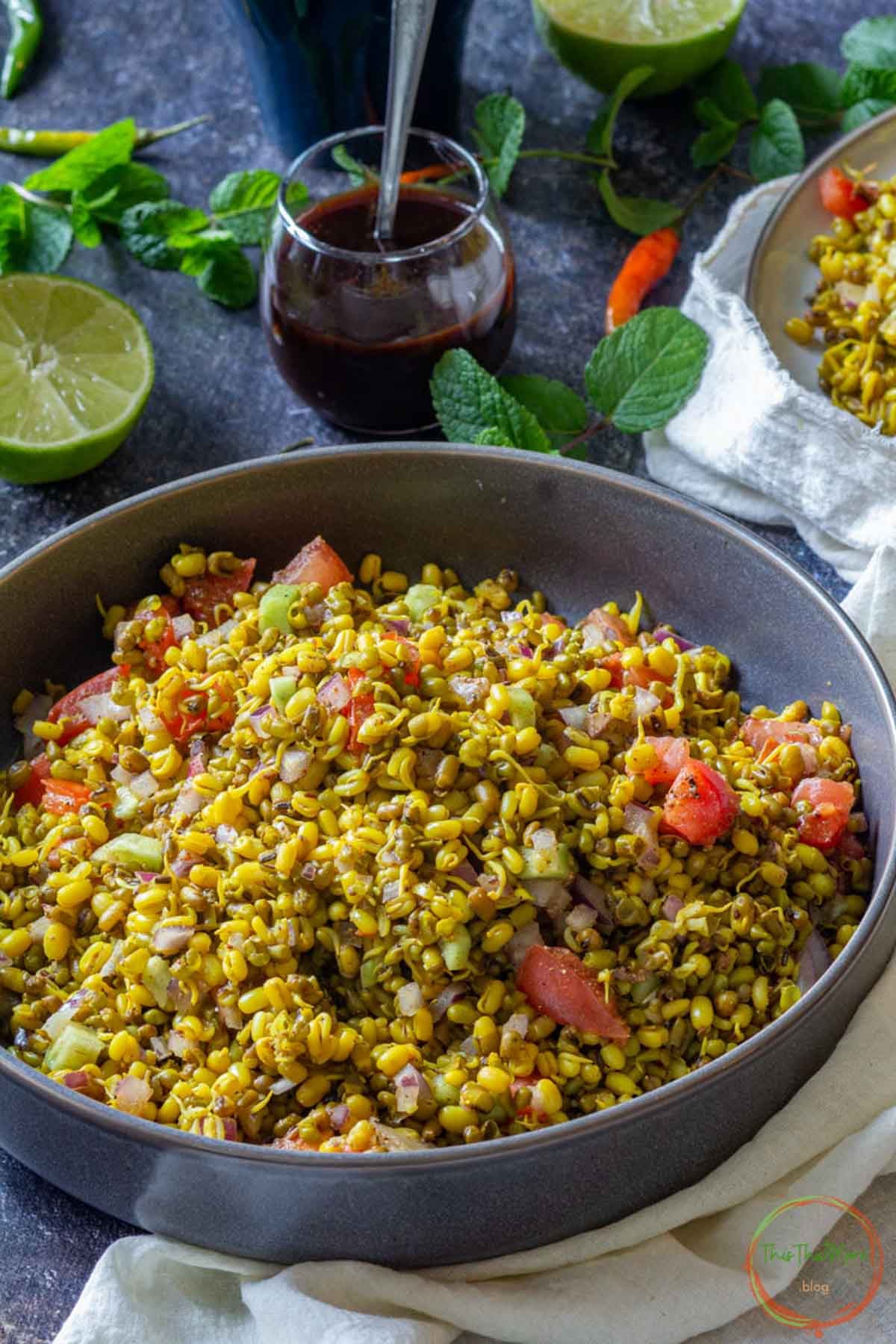 Healthy sprouts chaat with vegetables and corn.