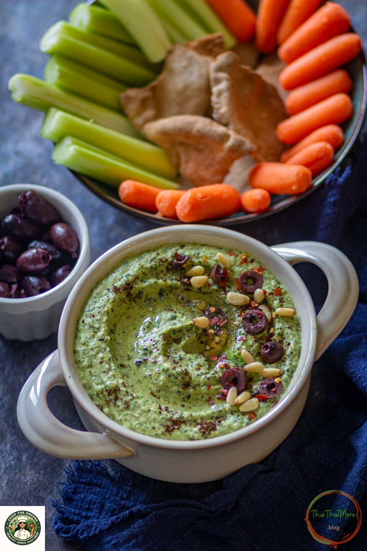 Cilantro jalapeño hummus served with carrots, celery, and pita chips.