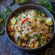 Sabudana khichdi with potatoes, peanuts, curry leaves and lemon.