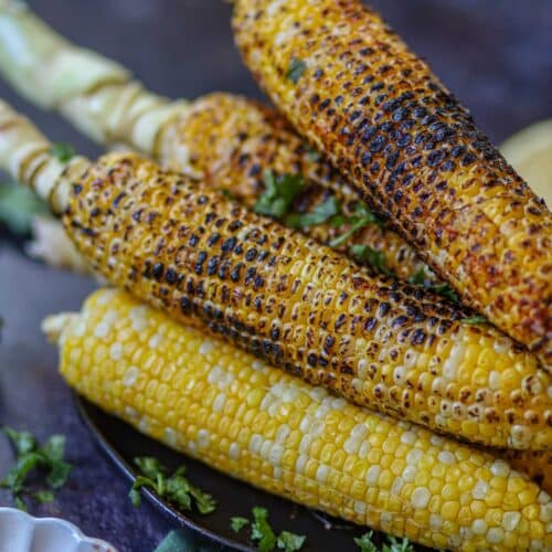 Indian roasted corn on the cob with charred kernels.