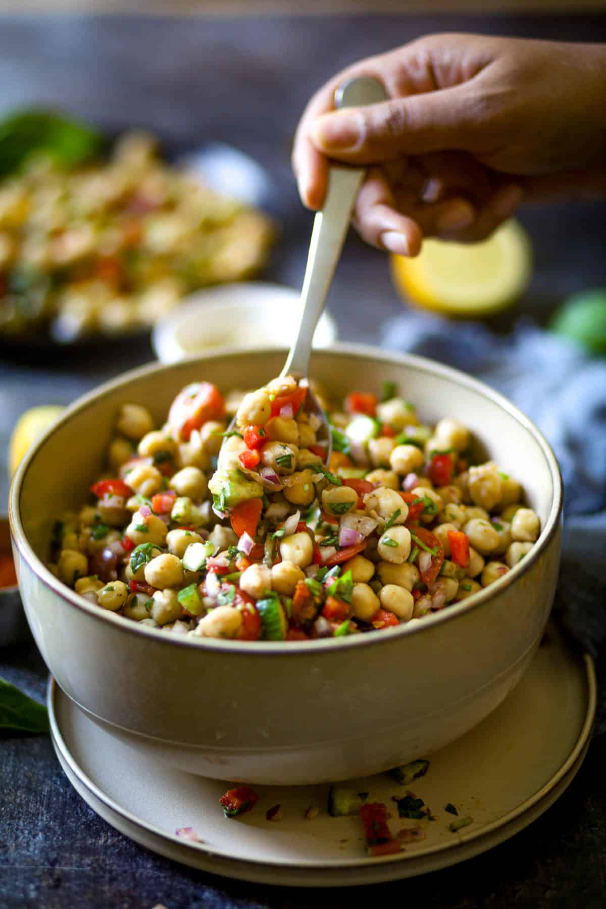 A spoonful of Indian chickpea salad.