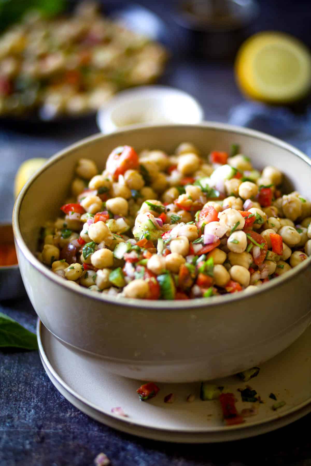 A close up of the salad with lemon.