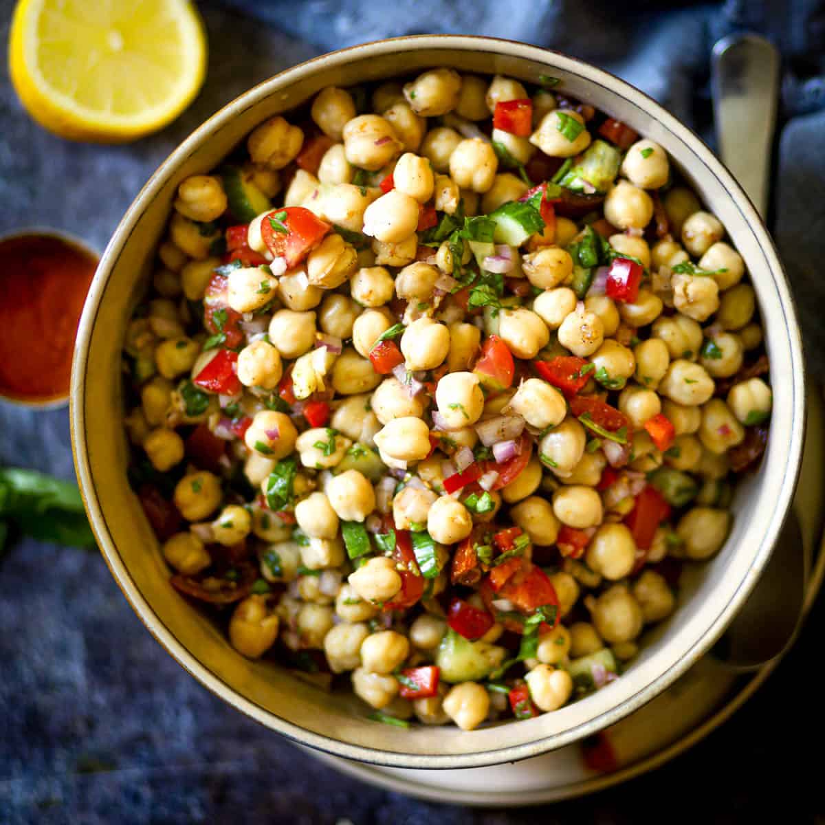 A big bowl of Indian chickpea salad.