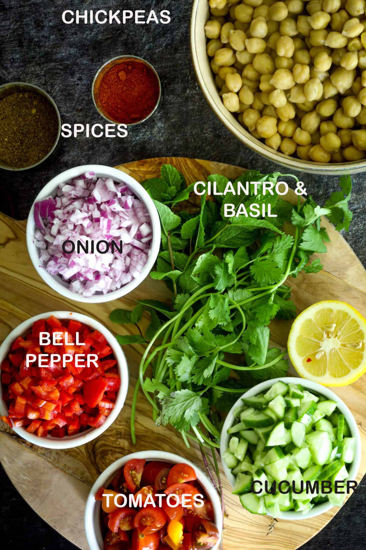 Indian Chickpea salad ist of ingredients.