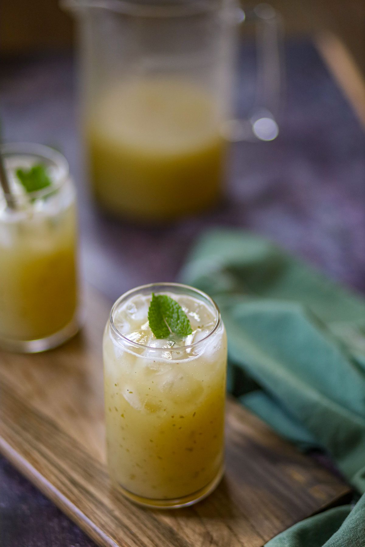 Chilled aam panna with ice and fresh mint.