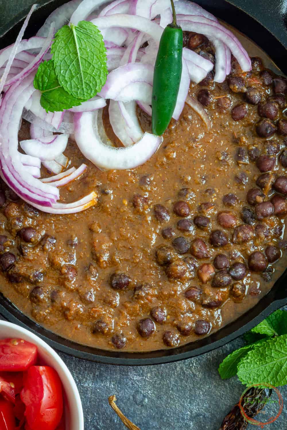 Close-up shot of chana curry.