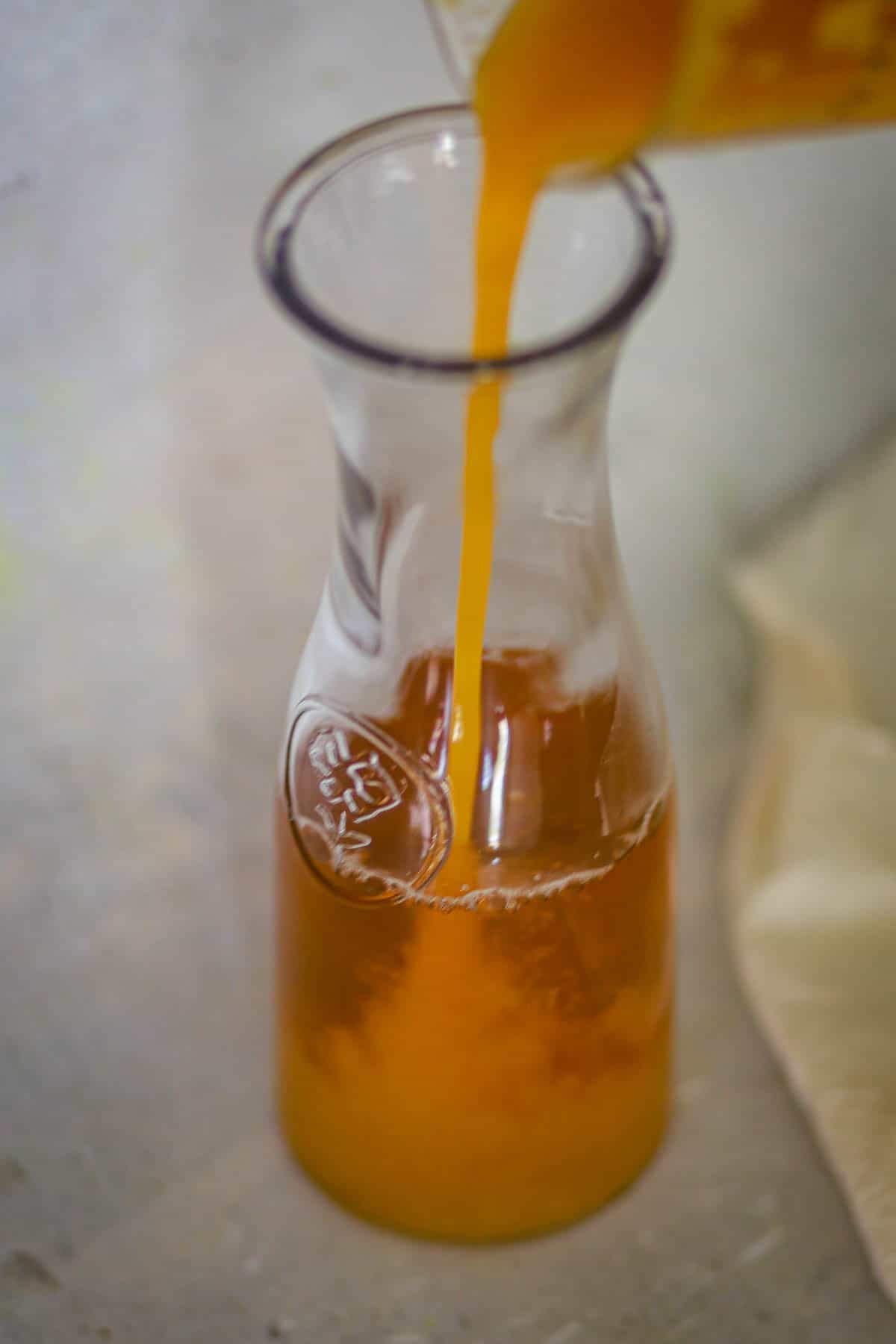 Mix in fruit juce and honey or sugar syrup.