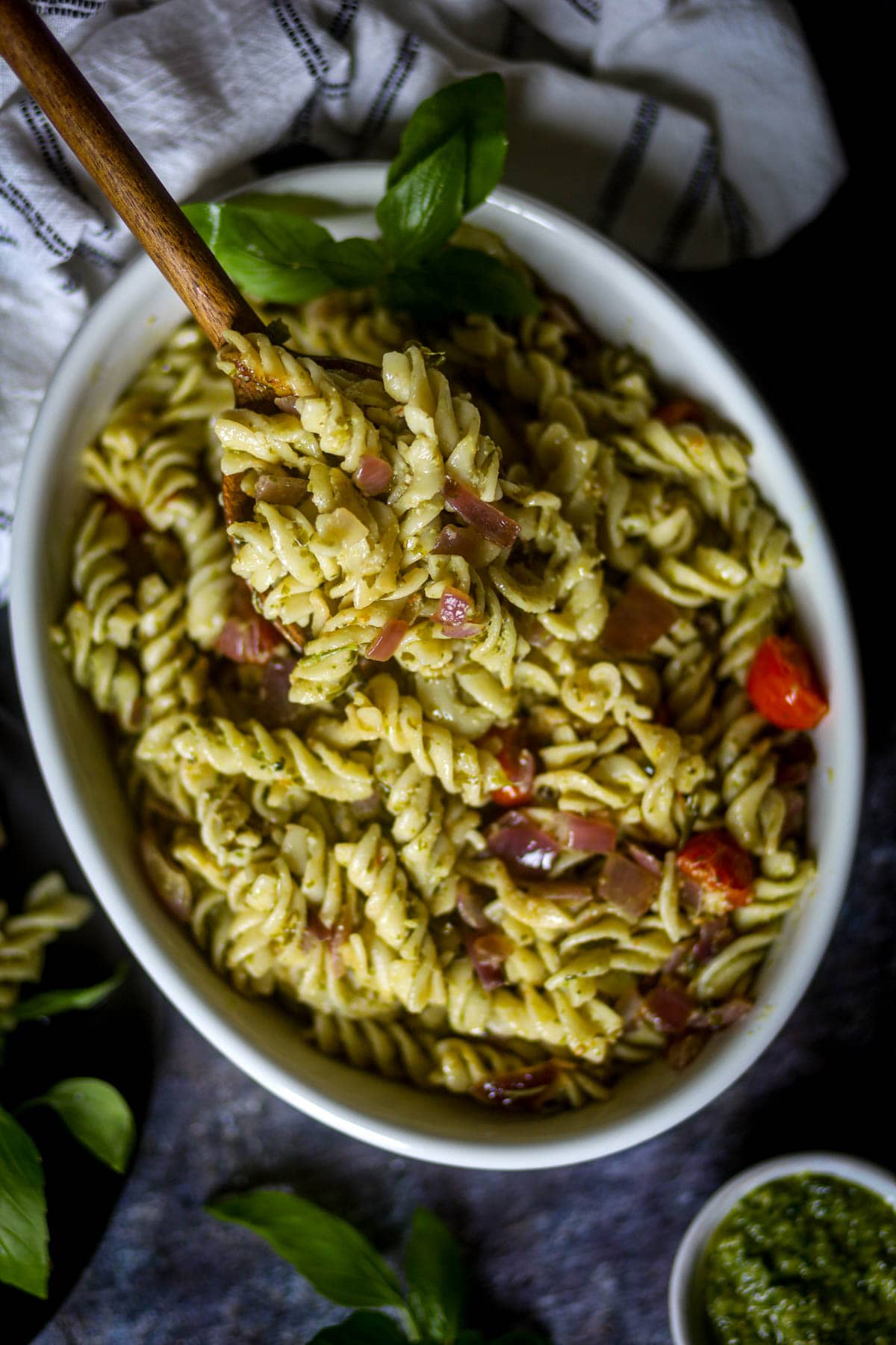 A big bowl of creamy vegan pesto pasta recipe.