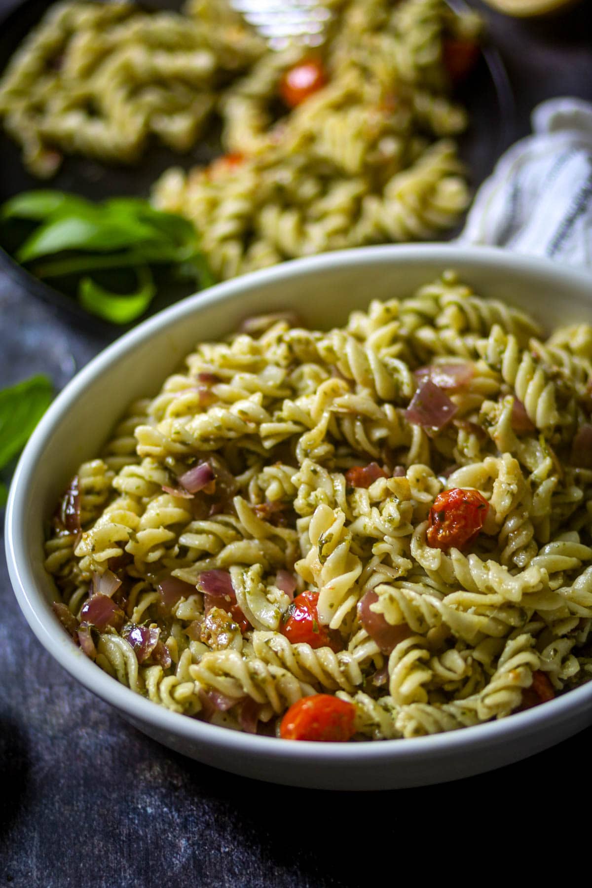A big bowl of creamy vegan pesto pasta recipe.