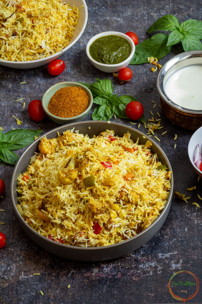 Paneer Biryani in a grey bowl for 2 peopel served with green chutney.