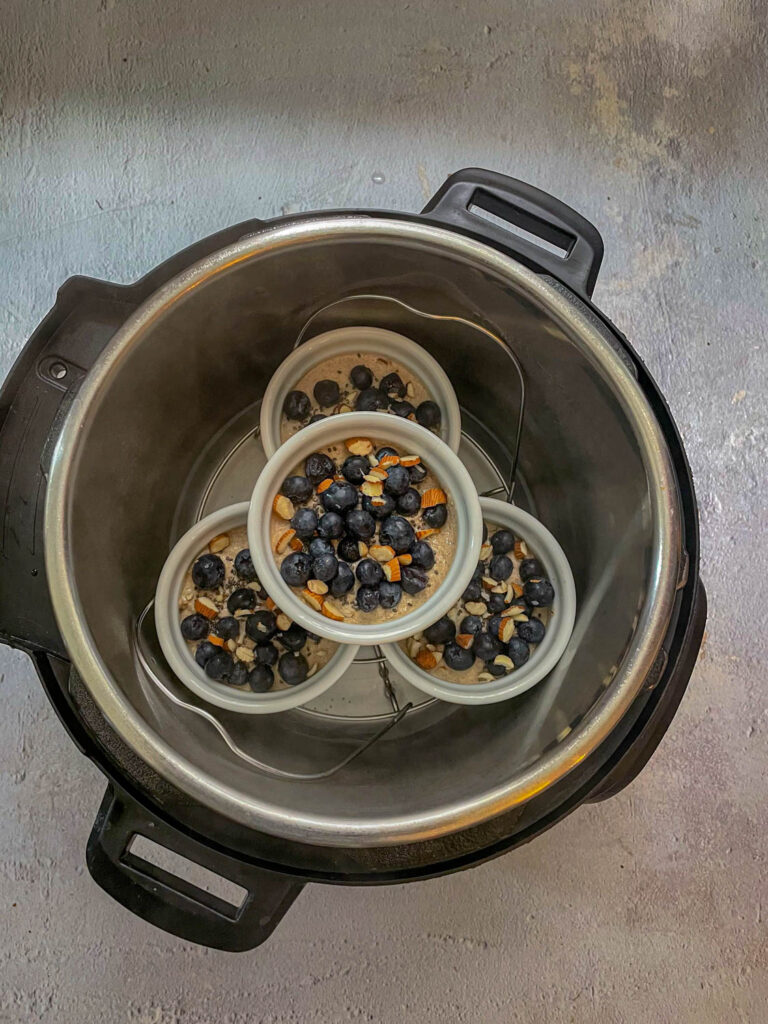 Place the ramekins or a cake pan in the instant Pot over the trivet