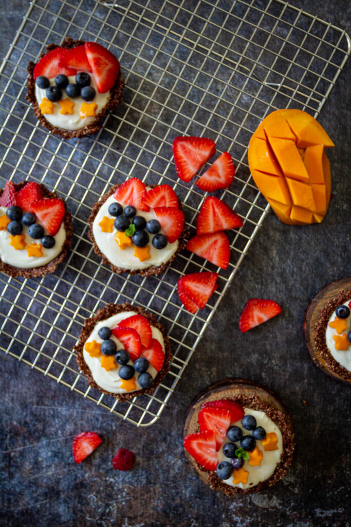mini fruit tar with greek yogurt on the cooling rack