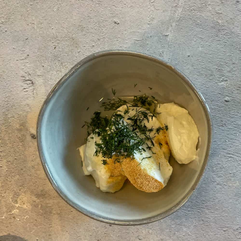 add greek yogurt, lemon juice, salt &garlic powder