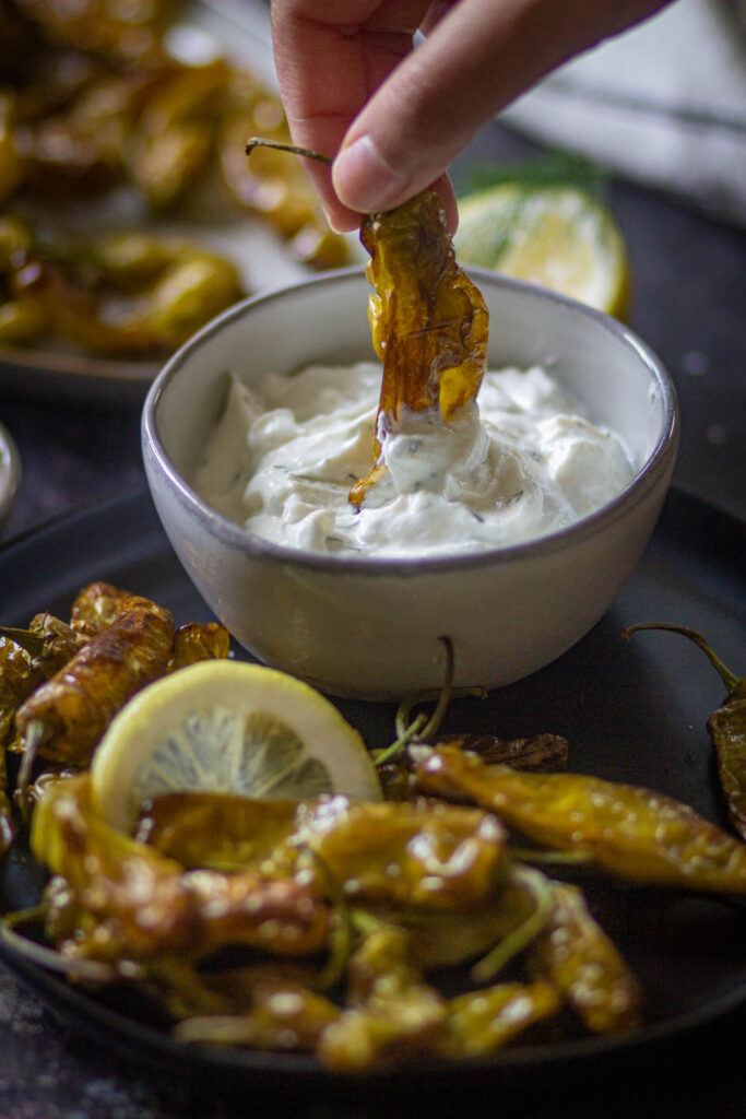 air fried shishito peppers dipped in Greek Yogurt ranch