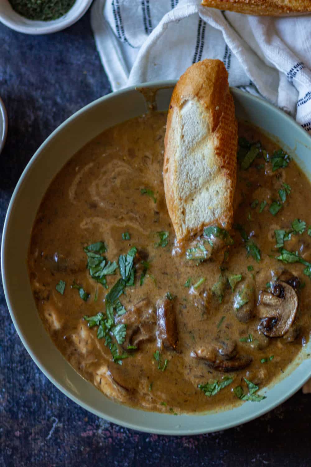 closeup look of Hungarian Mushroom Soup in a bowl