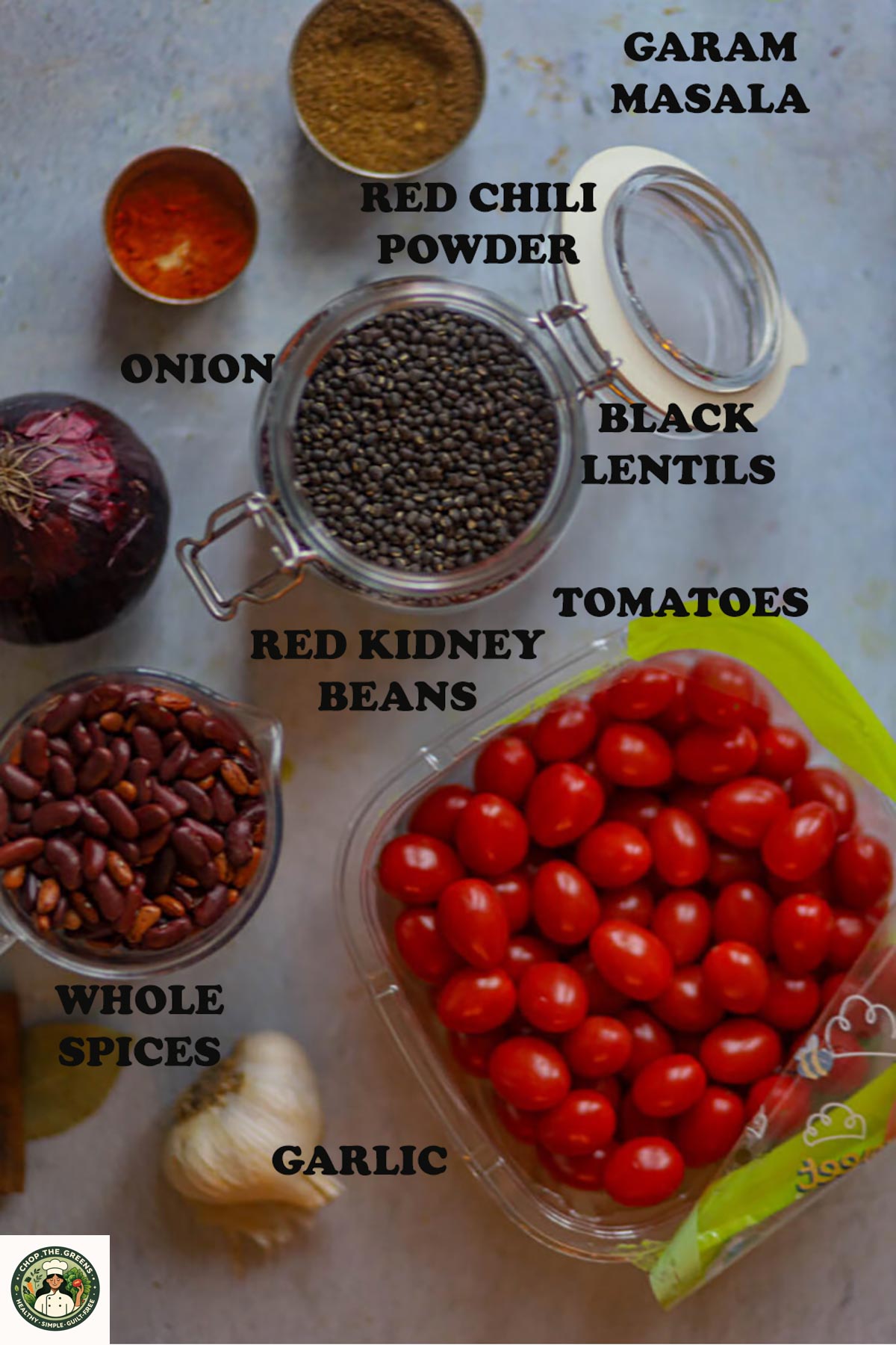 Ingredients for Instant Pot Dal Makhani including black lentils, rajma, tomatoes, onion, garlic and spices.