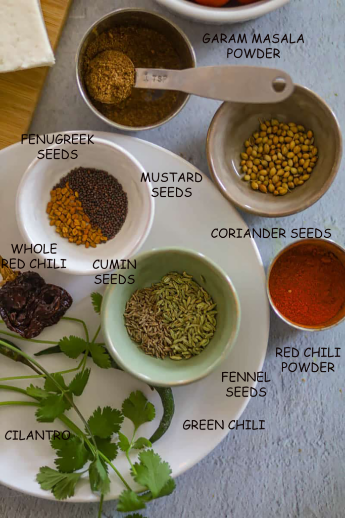 Achari Paneer Masala made with whole spices.