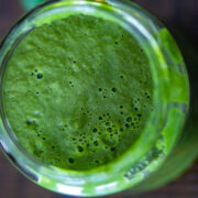 Close-up of bright green cilantro mint chutney.