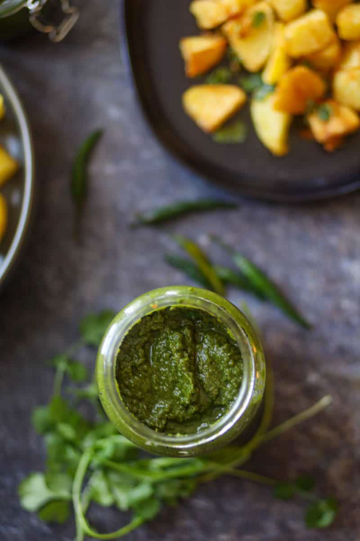 Homemade green chutney made with cilantro and mint.