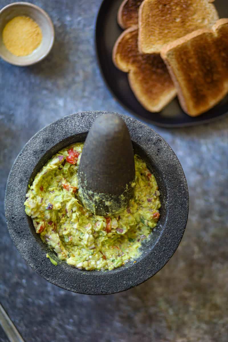 Jalapeno Guacamole in mortar pestle.