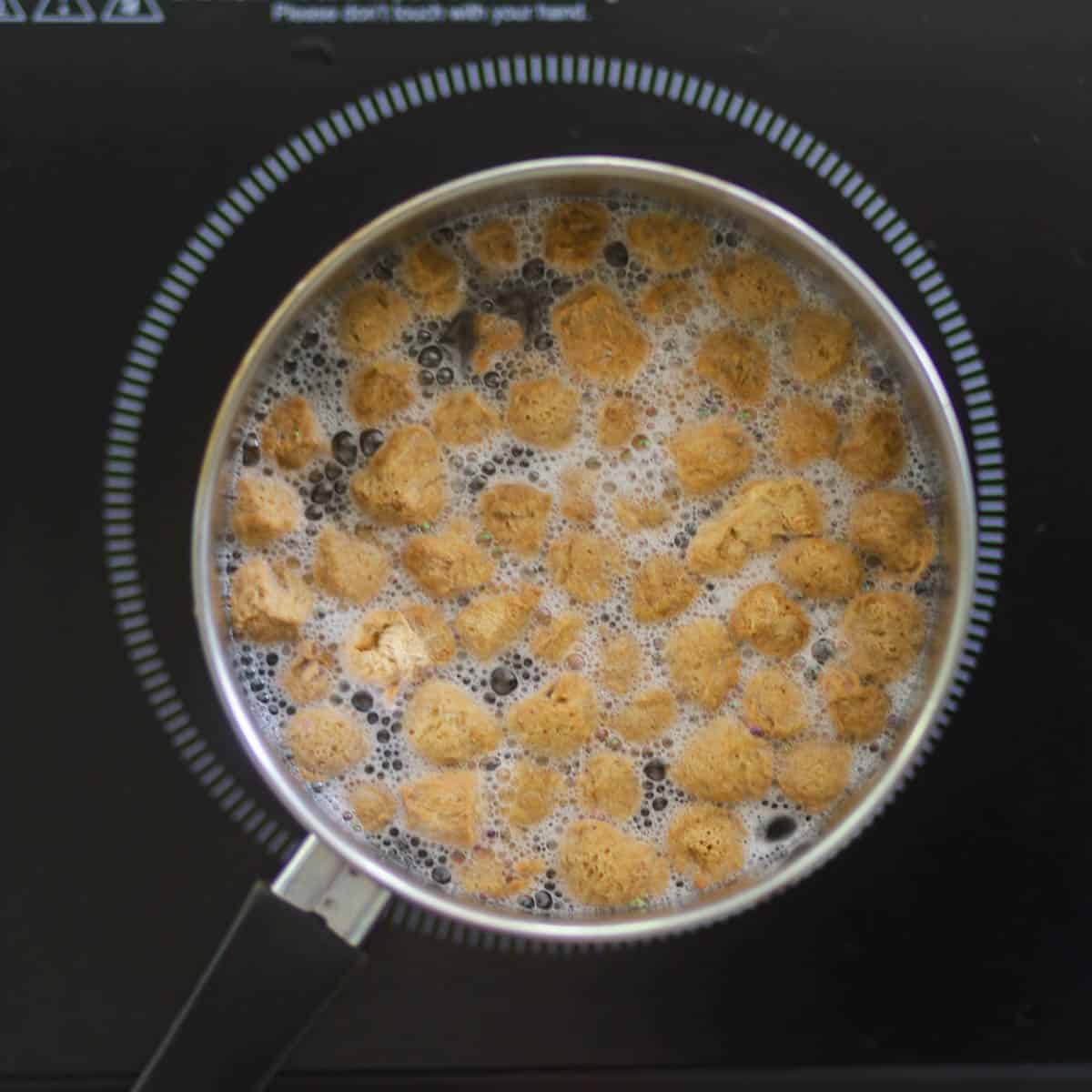 Boil the soya chunks in the boiling water.