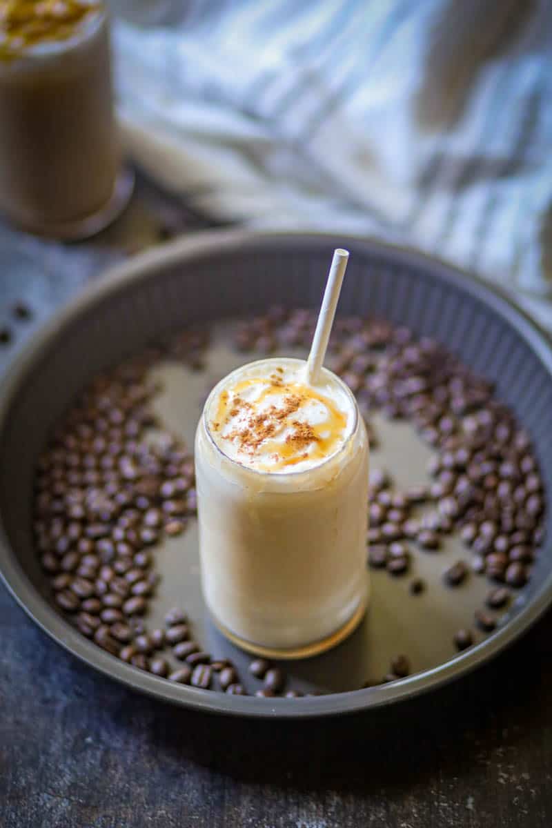 Iced Coffee served on a grey tray.