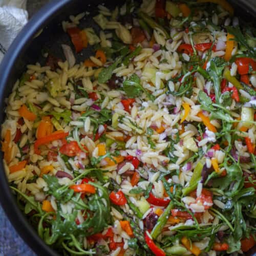 closeup shop of lemon orzo salad.