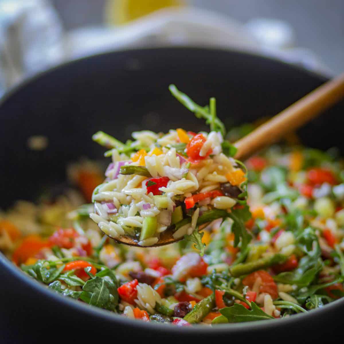A spoonful of Lemon Orzo Salad.