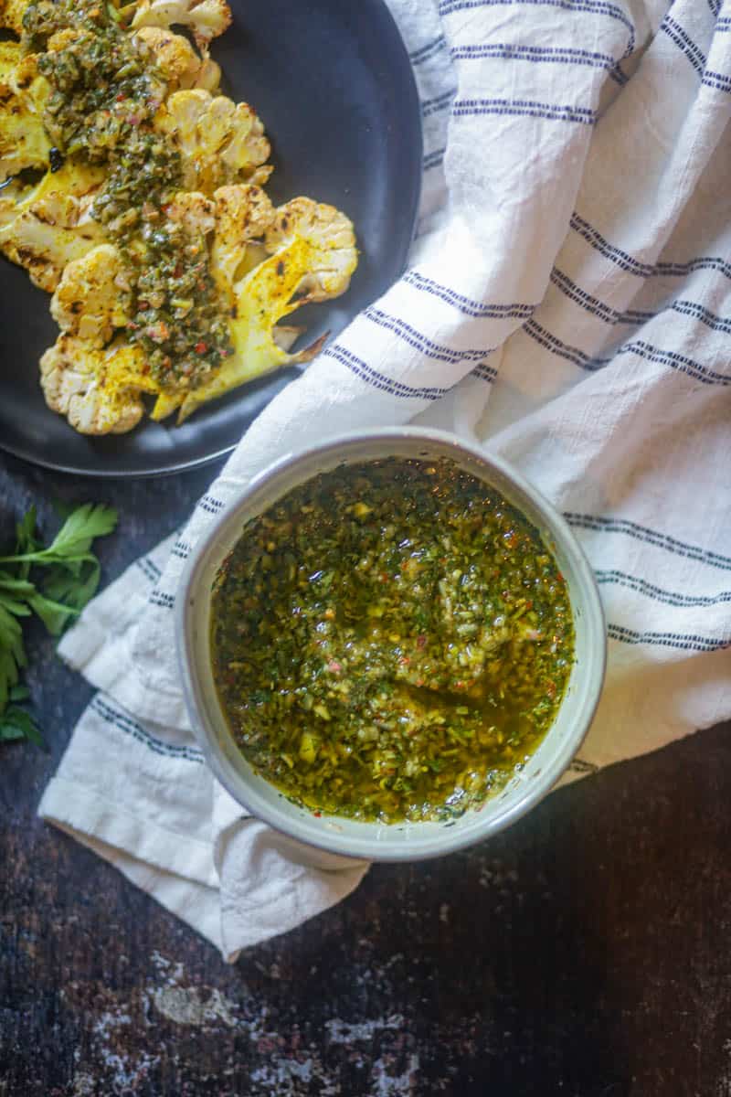 Cilantro chimichurri Sauce served with cauliflower steaks.