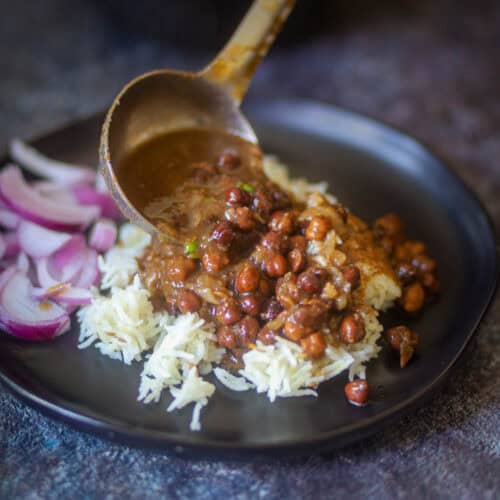 Kala Chana Curry served with rice.
