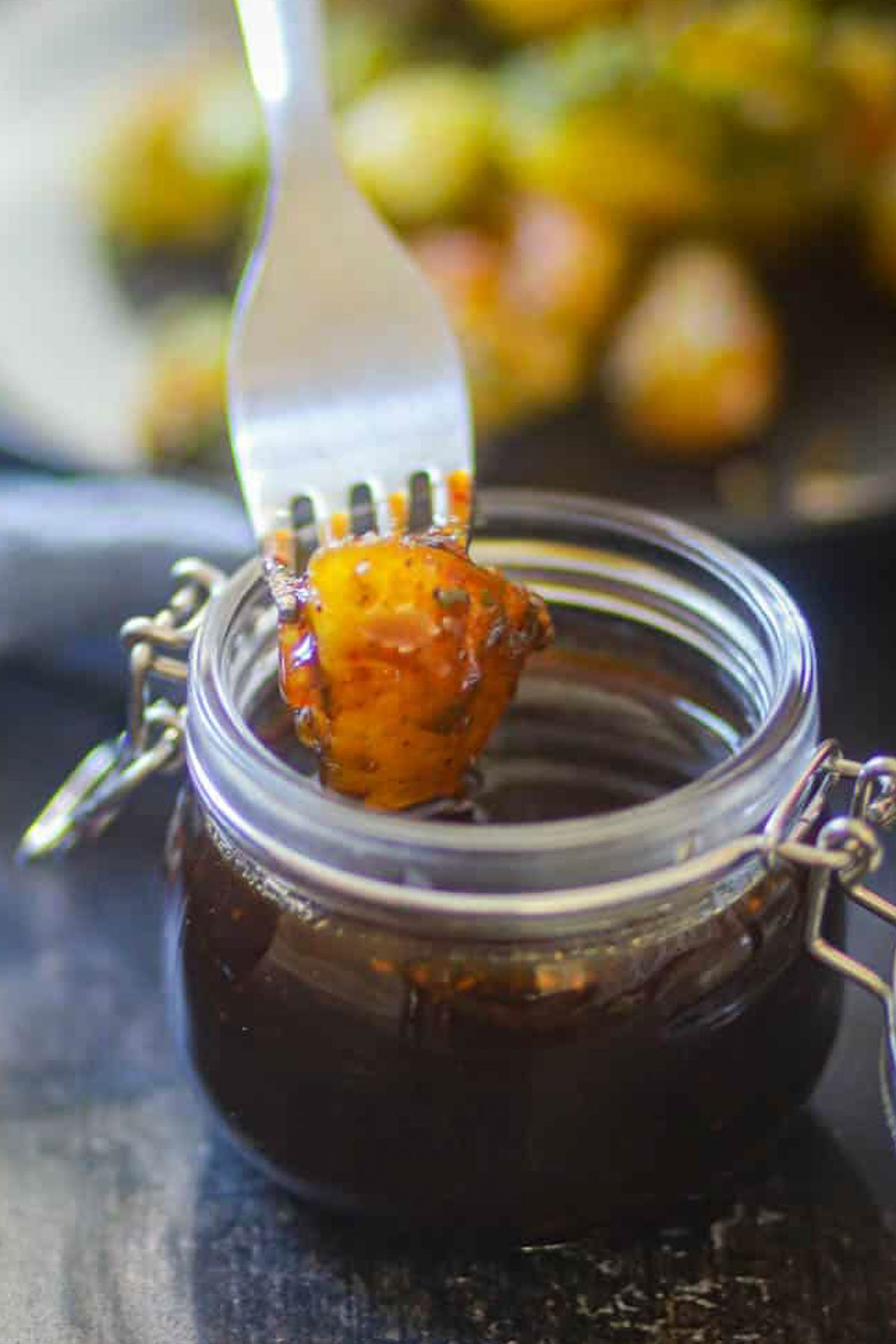 Tamarind chutney served with roasted potatoes.
