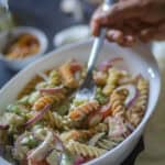 A spoonful of triolor pasta salad recipe.
