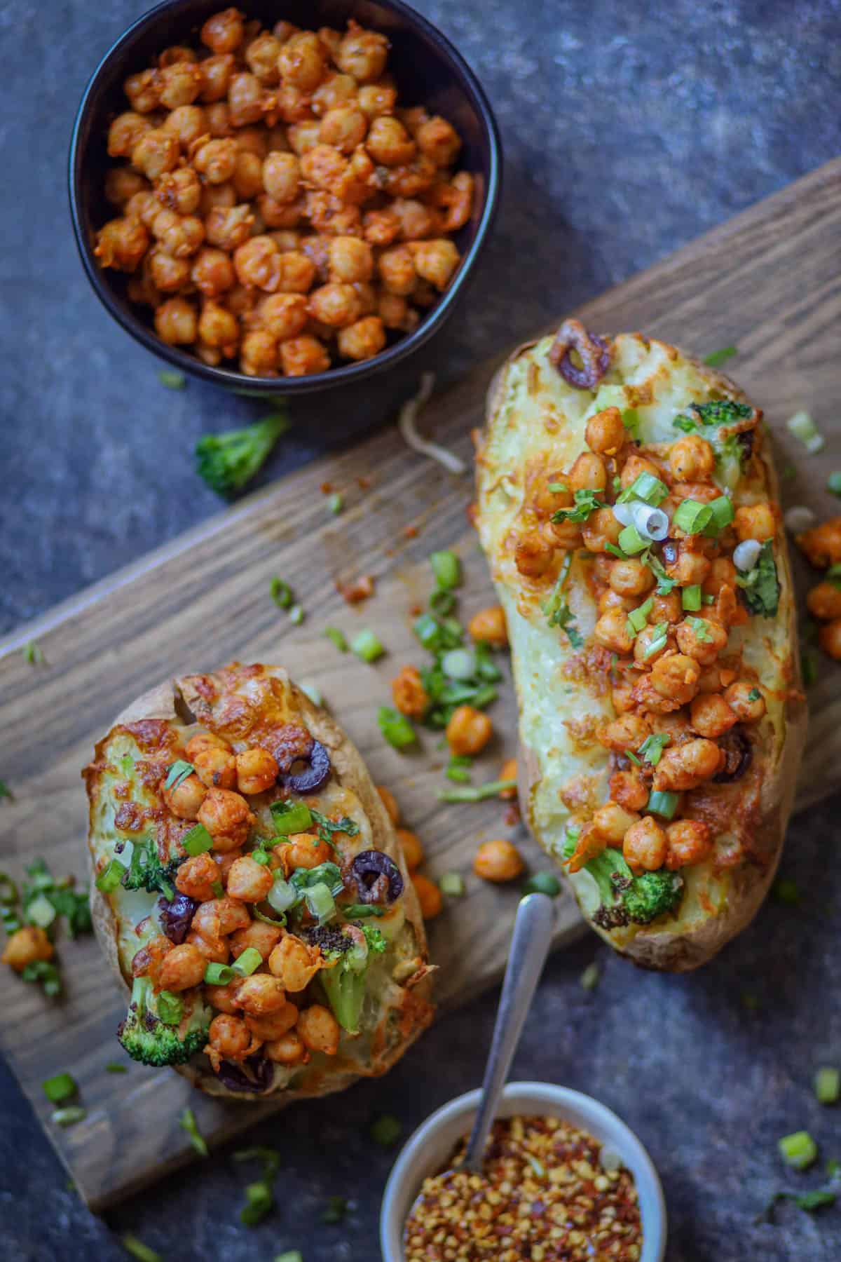 Overshot of baked potatoes.