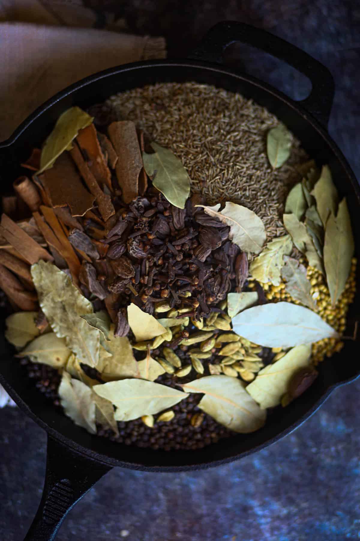 Roasting the spices in a skillet.