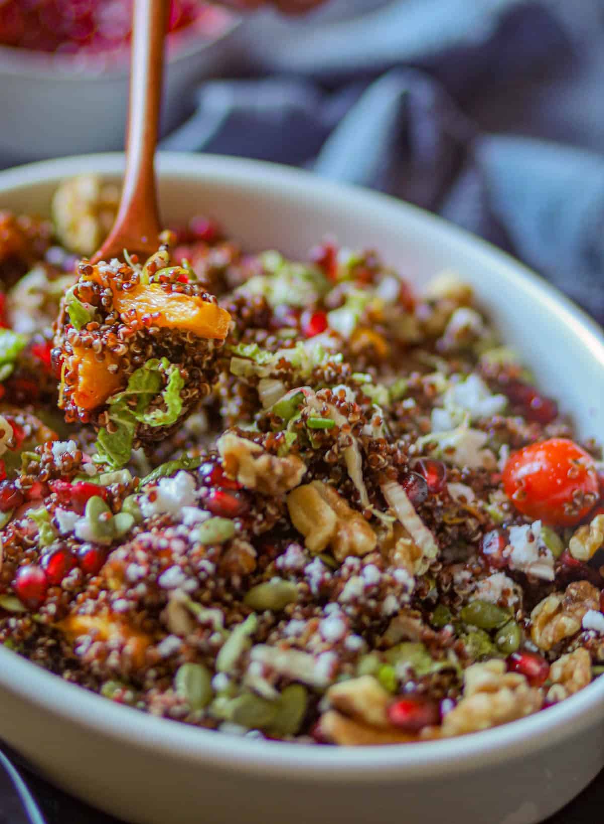 Pumpkin quinoa salad served in a white bowl.