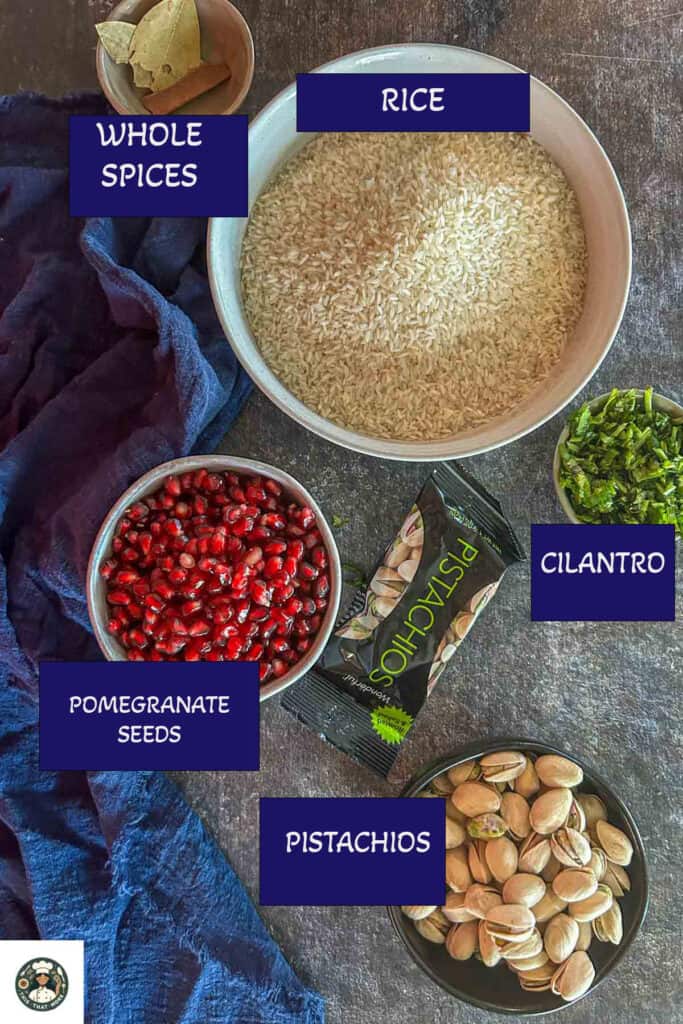 Image showing list of ingredients including rice, pomegranate seeds, whole spices, pistachios, and cilantro.