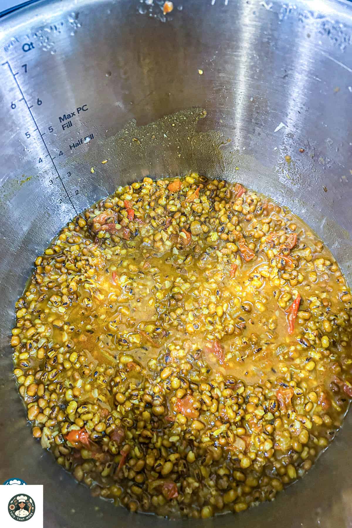 Overhead shot of cooked dal after pressure cooking.