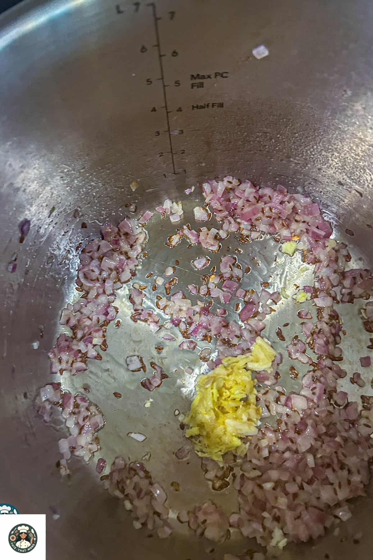Overhead shot of ginger & garlic paste in the pot for making Indian masala.