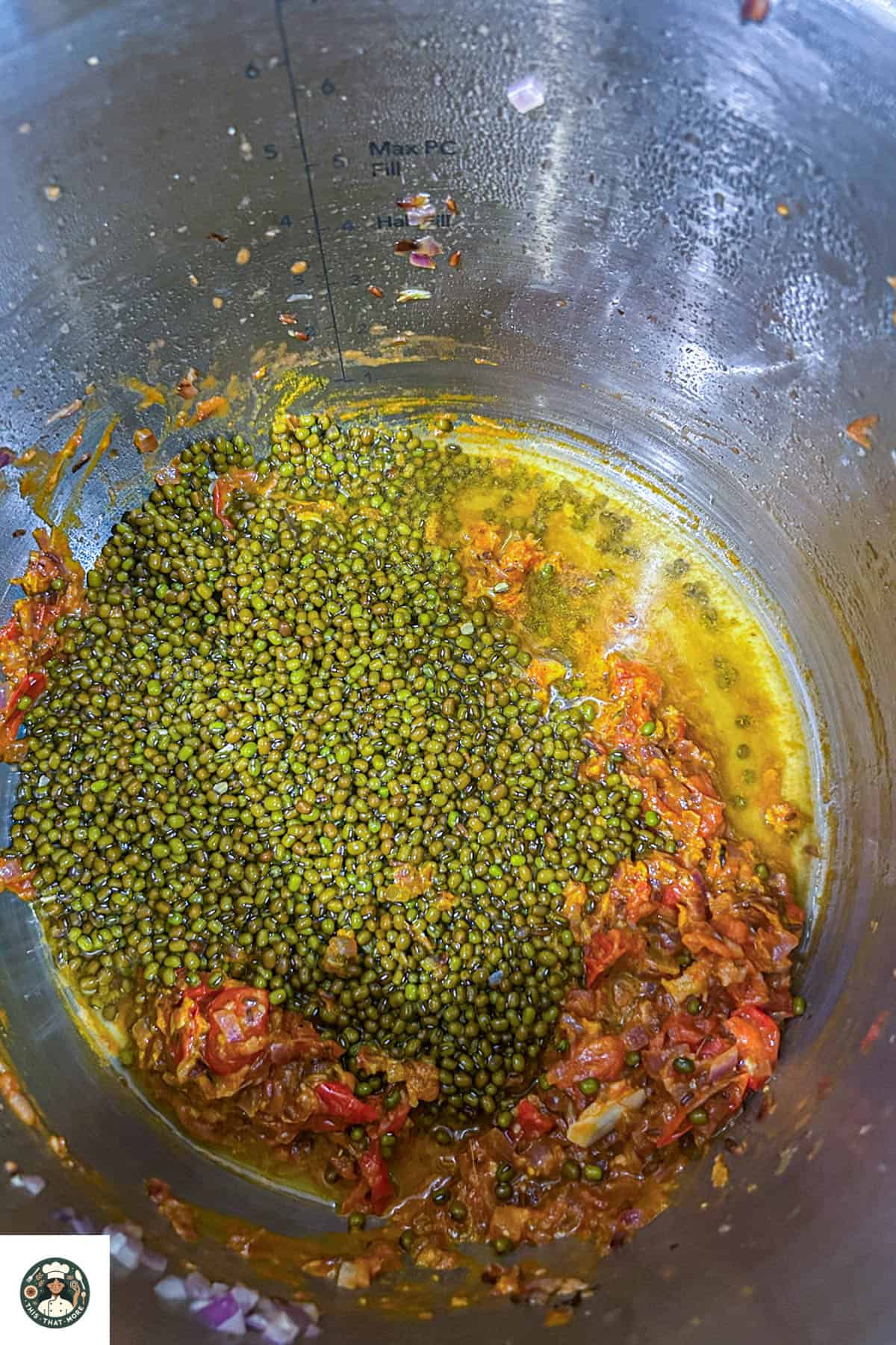 Overhead shot with soaked lentils in the pot.