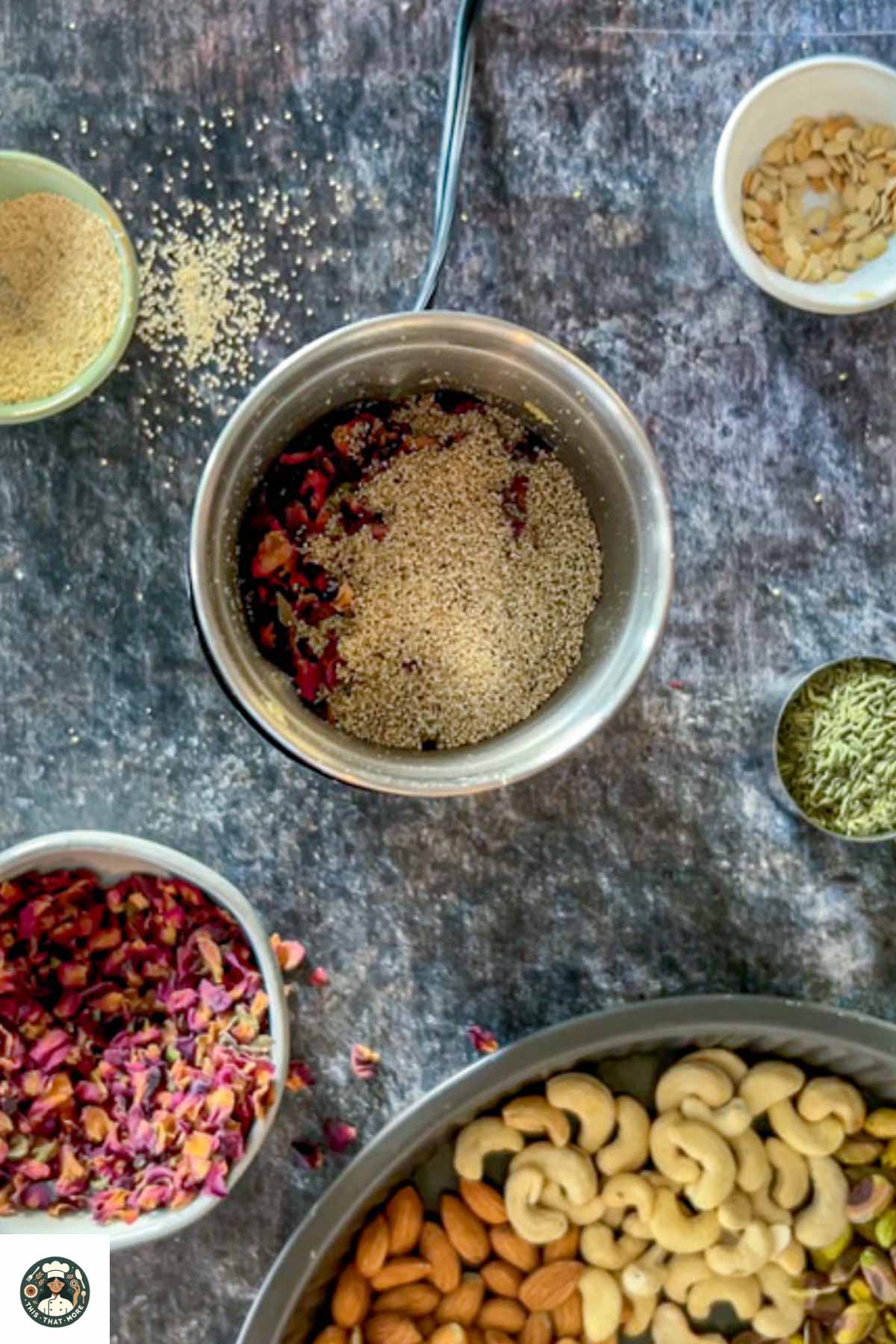 Roasted spices added to the spice blender before blending.