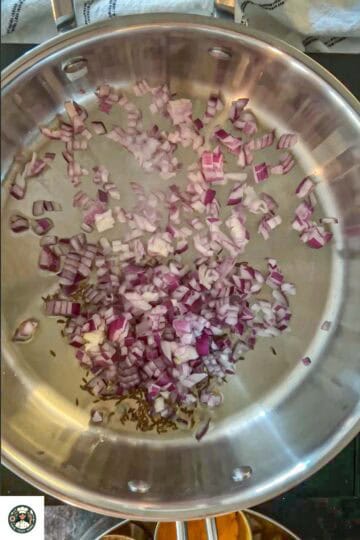 In a pan saute onion with cumin seeds until they turn golden-brown in color.